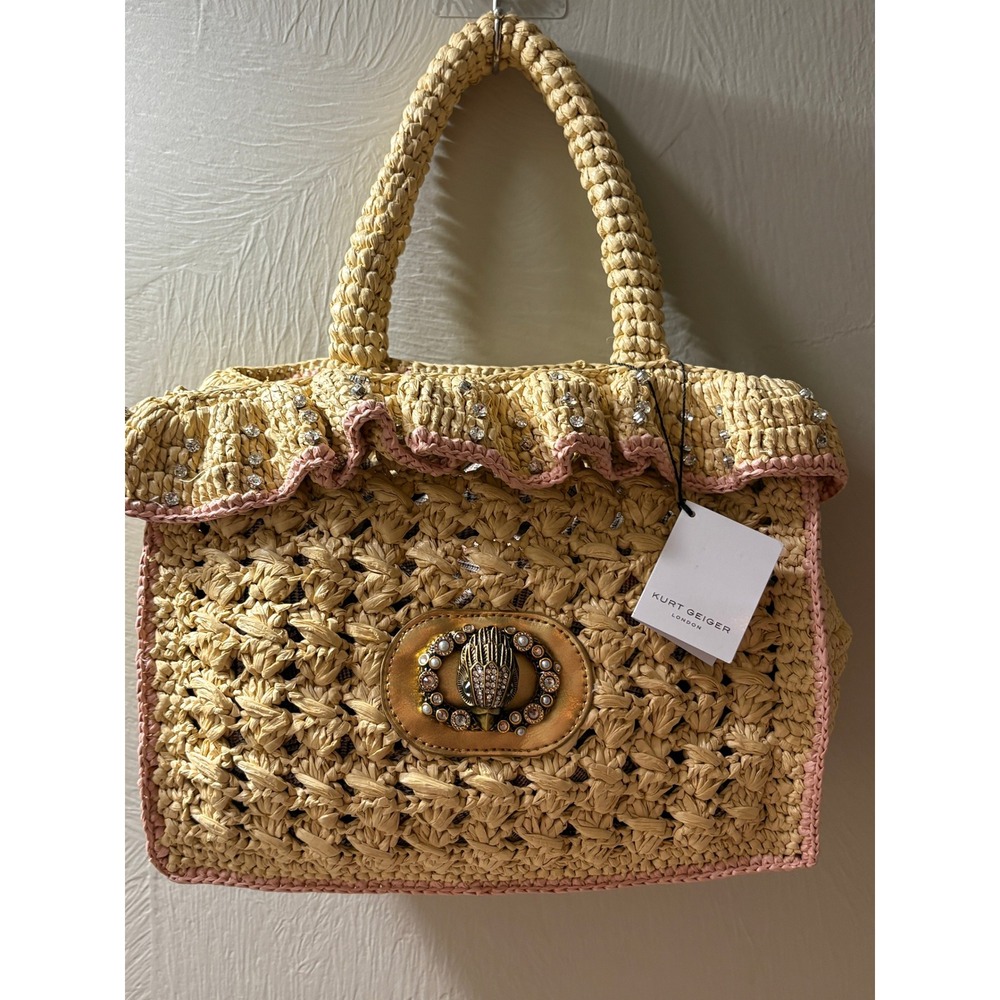 Kurt Geiger London Shoreditch Straw Tote Bag Crystal Eagle Raffia Beige Pink NEW